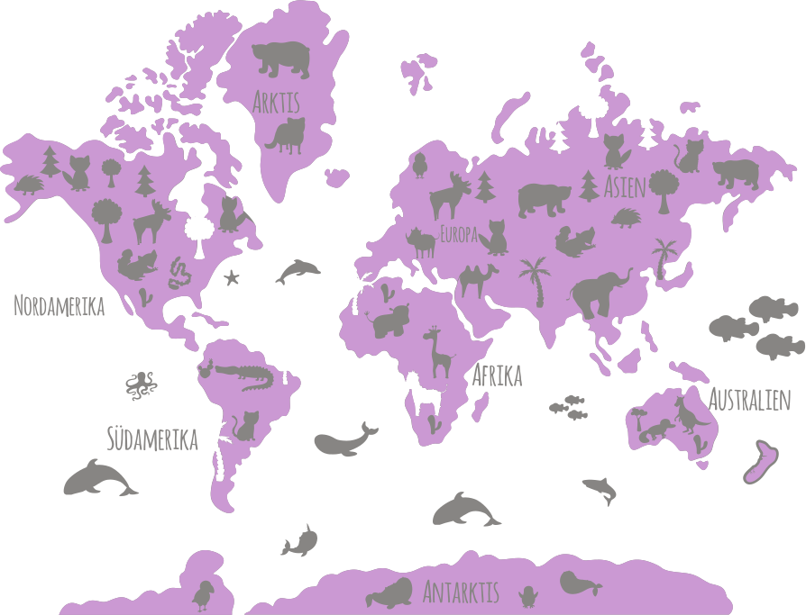 World map vinyl rug pink and grey animal continents - TenStickers