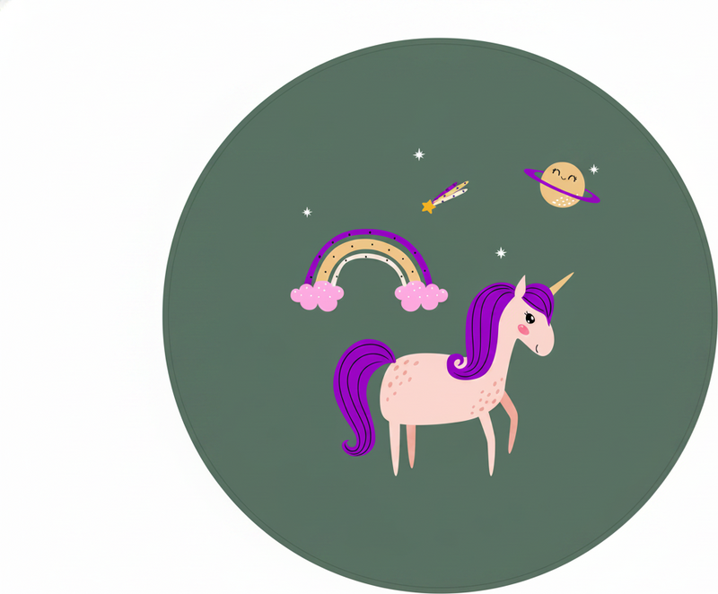 Kids vinyl rug featuring artistic unicorns on green - TenStickers