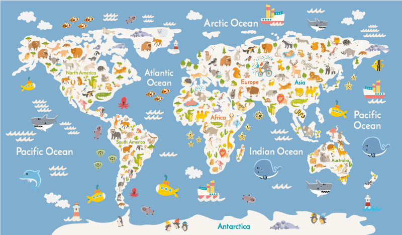 World map vinyl rug with white animal designs - TenStickers