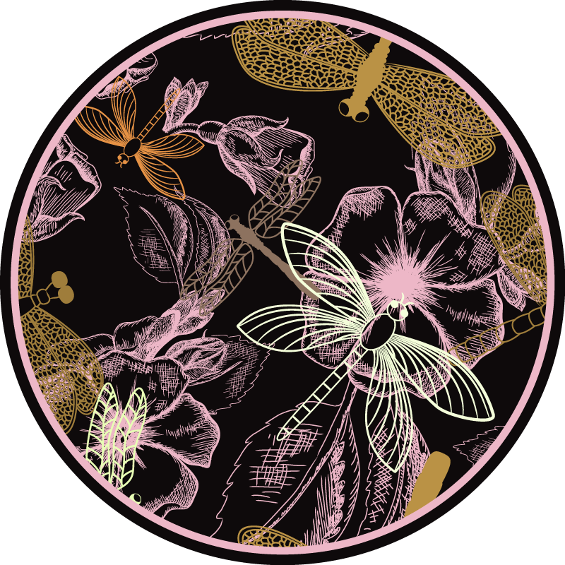 Dragonflies on pink flower floral vinyl rug - TenStickers