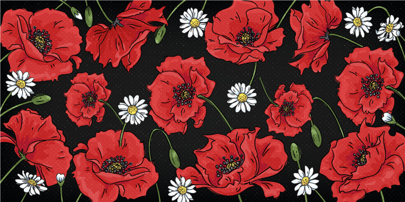 Red poppies on black background  floral rug - TenStickers