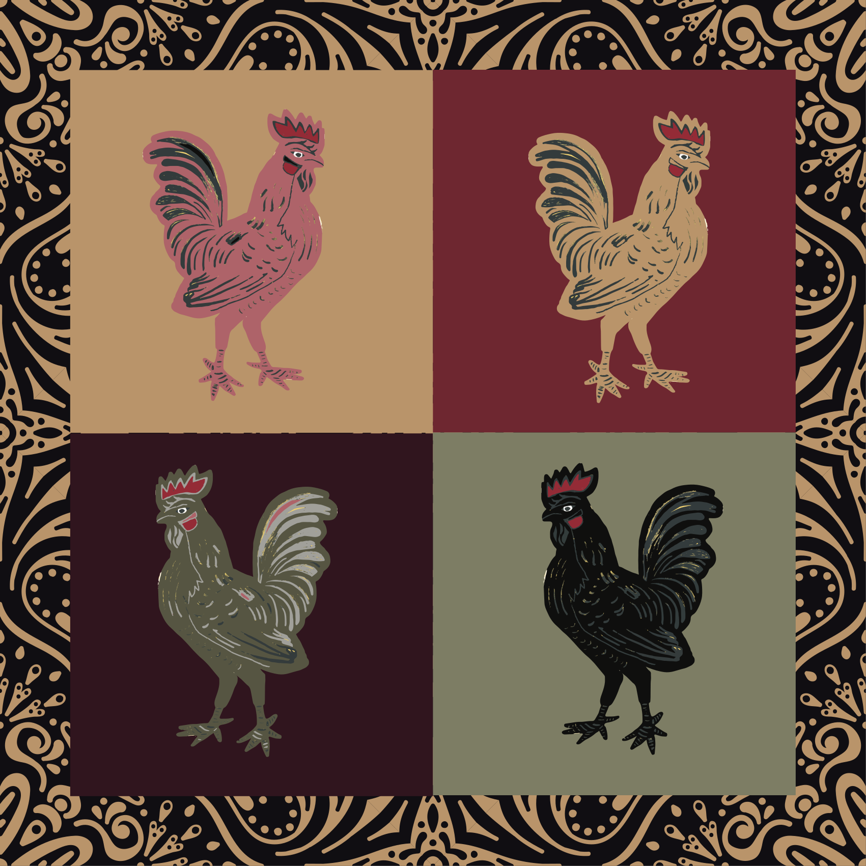Rooster in classic tiles animal vinyl rug - TenStickers