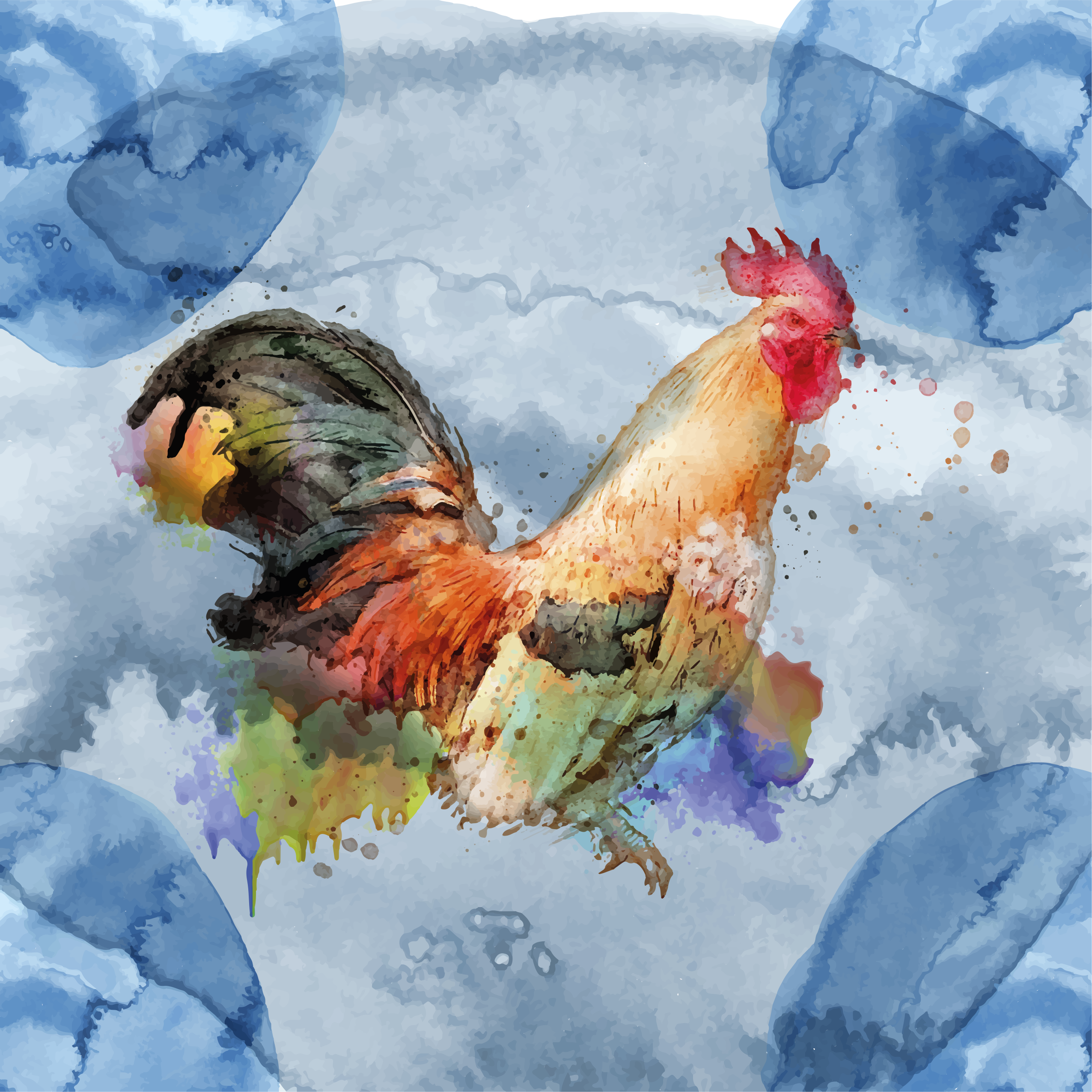 Watercolor painted rooster square vinyl rug - TenStickers