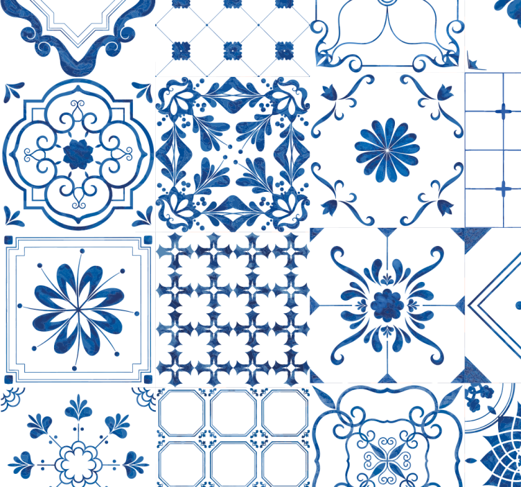 Intricate blue and white motif tile wallpaper - TenStickers