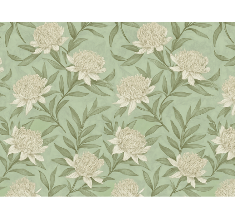 Living room wallpaper white protea-style blossoms - TenStickers