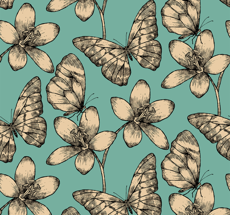 Beige flowers on blue background butterfly wallpaper - TenStickers