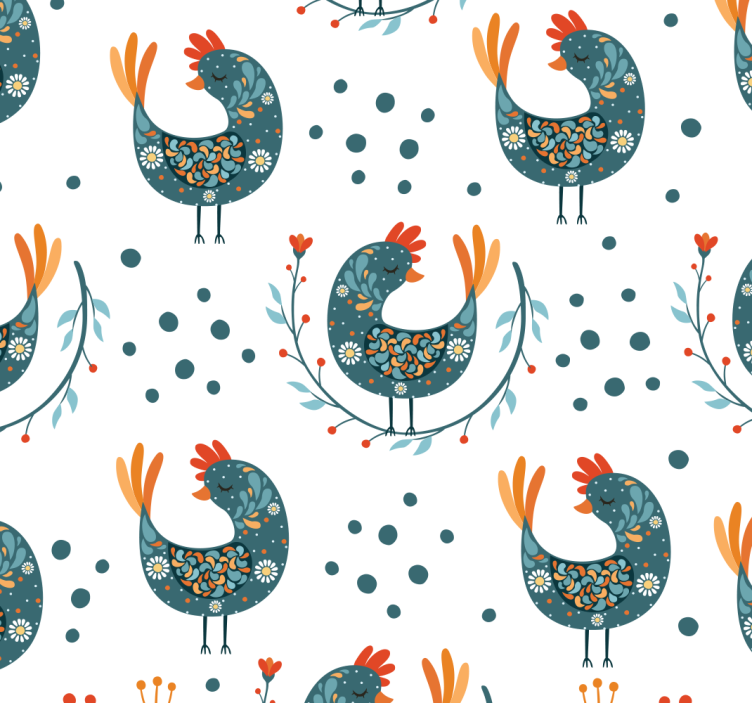 Seamless folk chicken pattern wallpaper - TenStickers