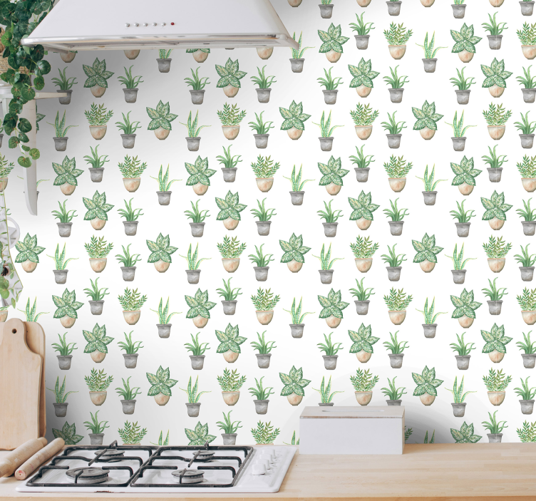 Plant pots pattern kitchen wallpaper - TenStickers