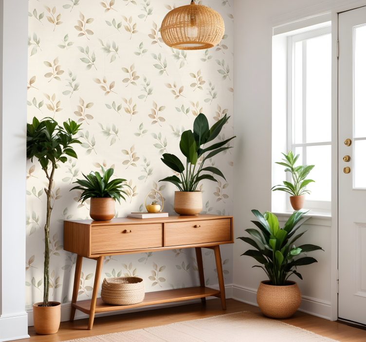 Beige leaves design entryway wallpaper - TenStickers
