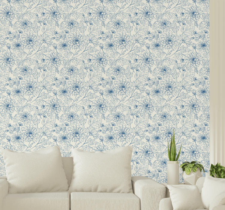 Blue leaf outlines Ornamental Wallpaper - TenStickers