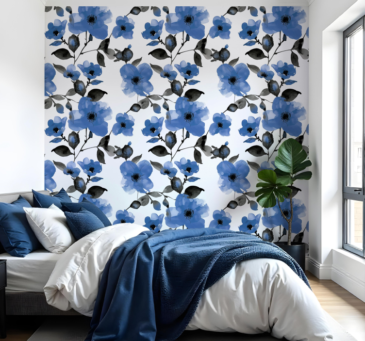 blue poppies pattern flower wallpaper - TenStickers