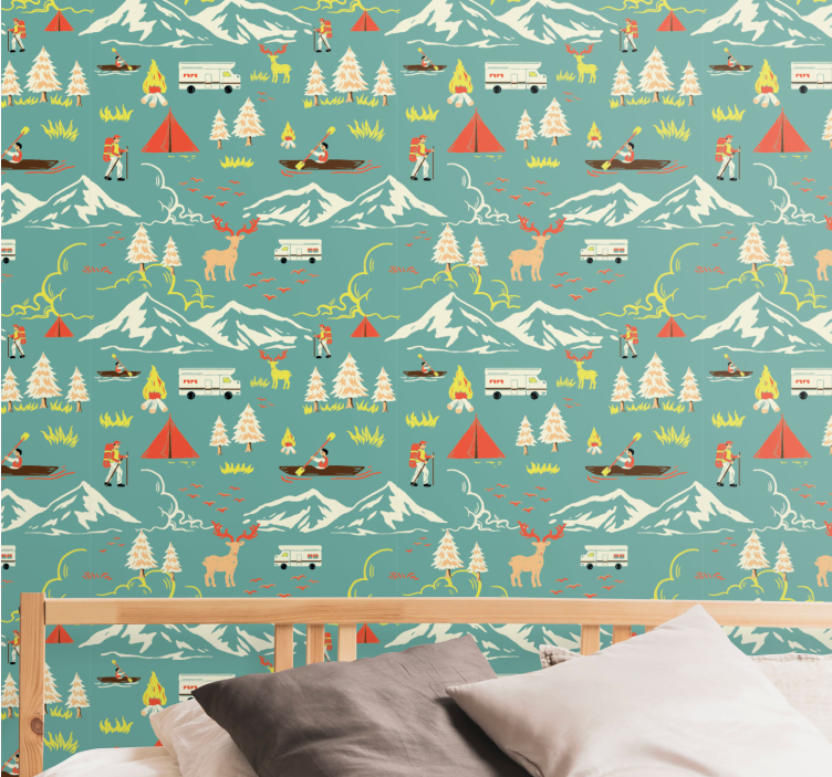 Camping guy, trees and route jungle wallpaper - TenStickers