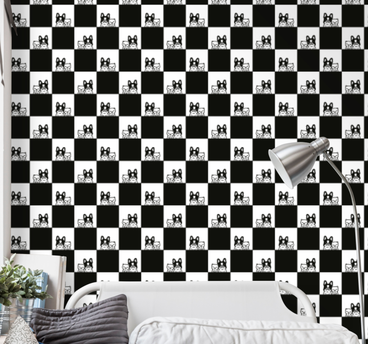 Chequered Feline Motif cat wallpaper - TenStickers