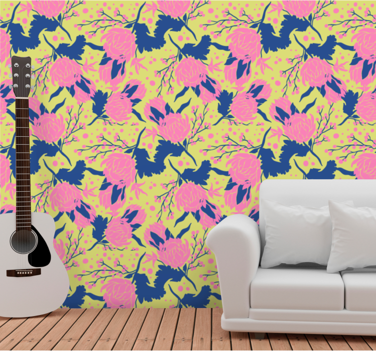 Classic yellow and pink flower wallpaper - TenStickers