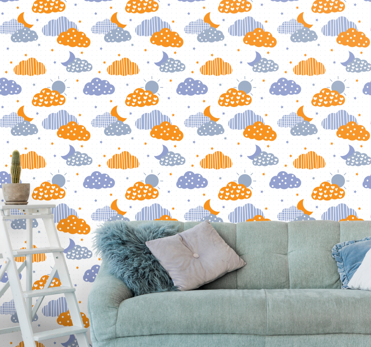 Blue and orange clouds and sun kids wallpaper - TenStickers