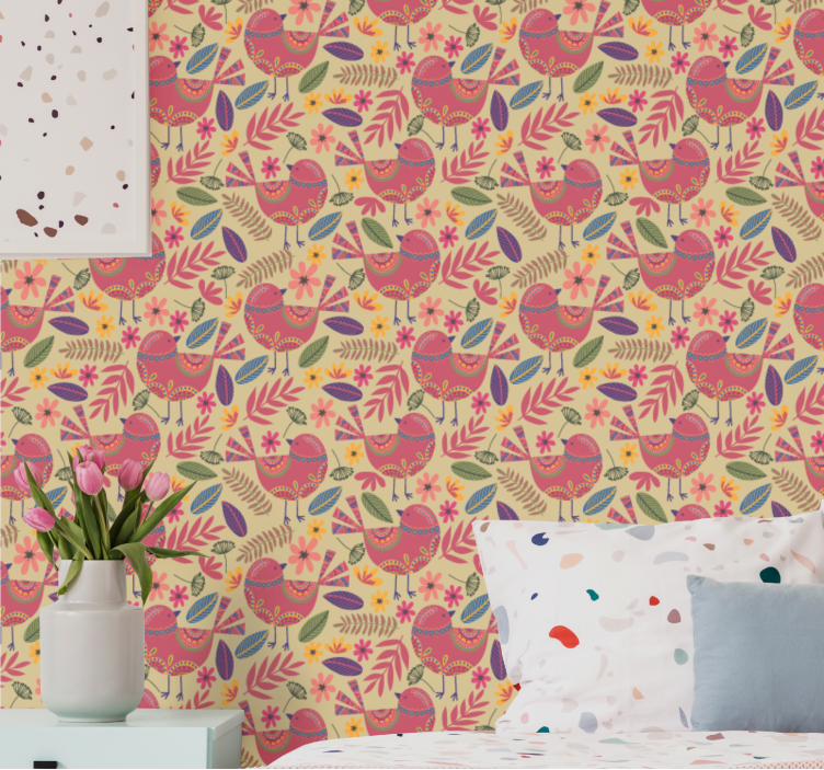 Colorful birds folk pattern Flower Wallpaper - TenStickers