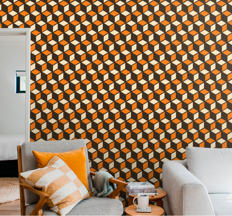 Cubical 3D orange pattern geometric wallpaper - TenStickers