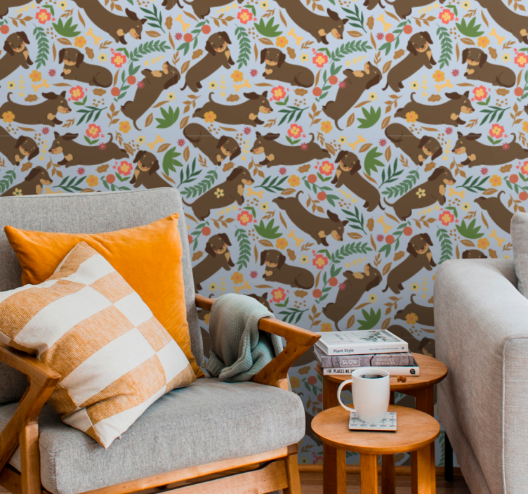 Dachshund and flowers pattern Nature wallpaper - TenStickers