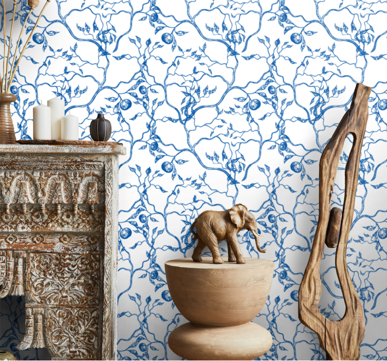 Blue branches motif leaf wallpaper - TenStickers