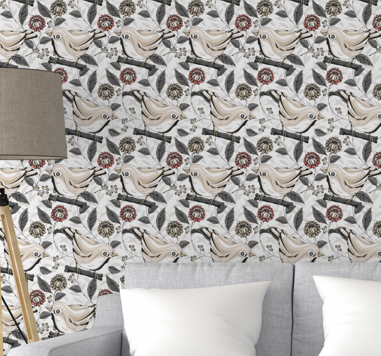 Floral Bird Tiles floral ornament wallpaper - TenStickers