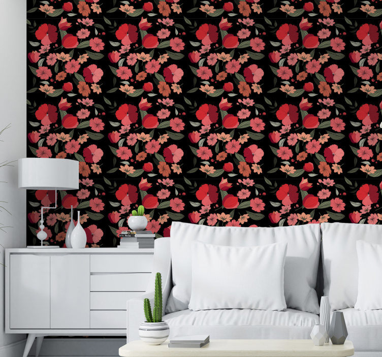 Black pattern motif flower wallpaper - TenStickers