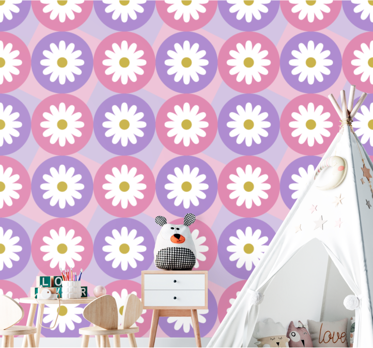 Daisy pink motif floral ornament wallpaper - TenStickers