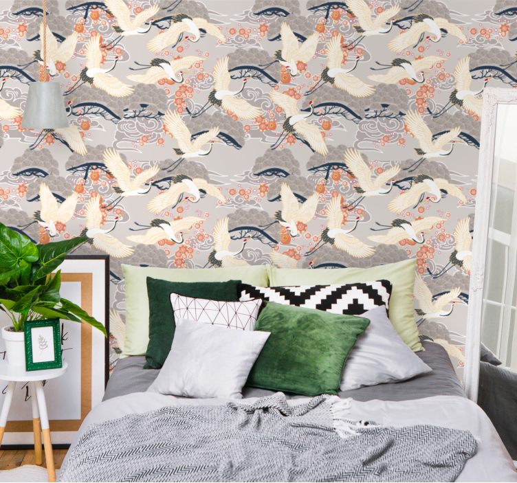 Flying cranes pattern birds wallpaper - TenStickers