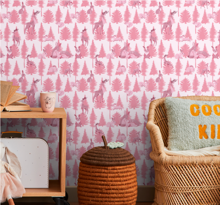 Pink forest motif animal wallpaper - TenStickers