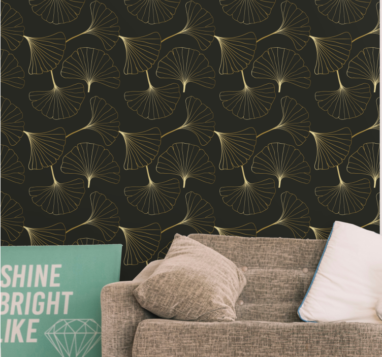 Ginkgo Leaves Charcoal Gold Modern Wallpaper - TenStickers