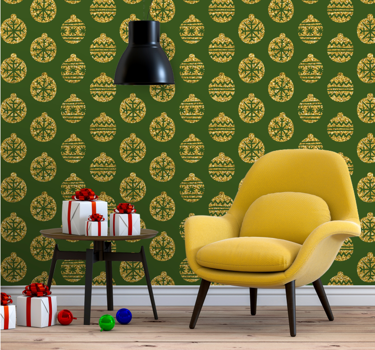 Golden charms over a green christmas wallpaper - TenStickers