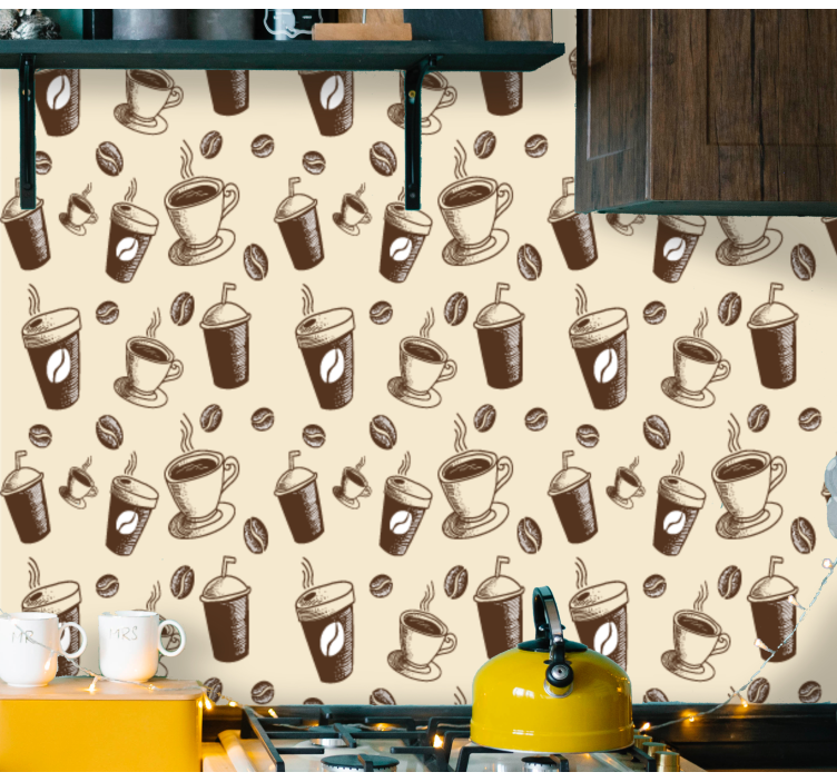 Great pattern with coffee beans mugs wallpaper - TenStickers