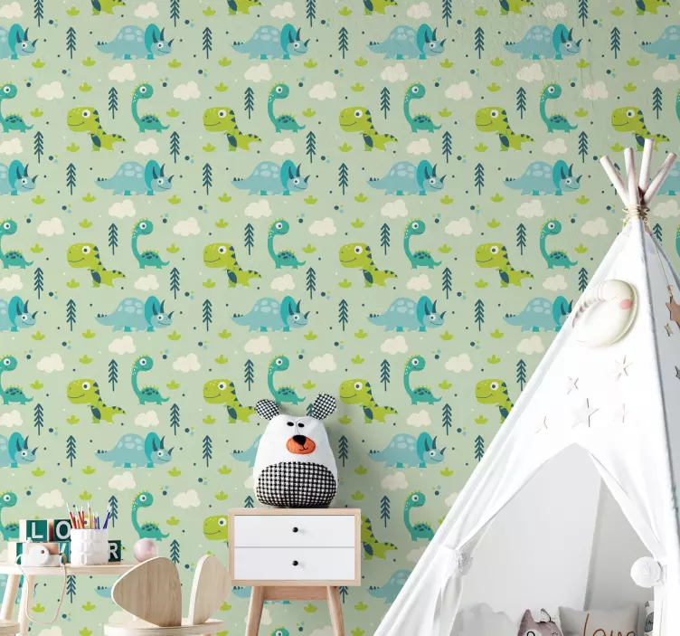 Green background nursery dinosaurus wallpaper - TenStickers