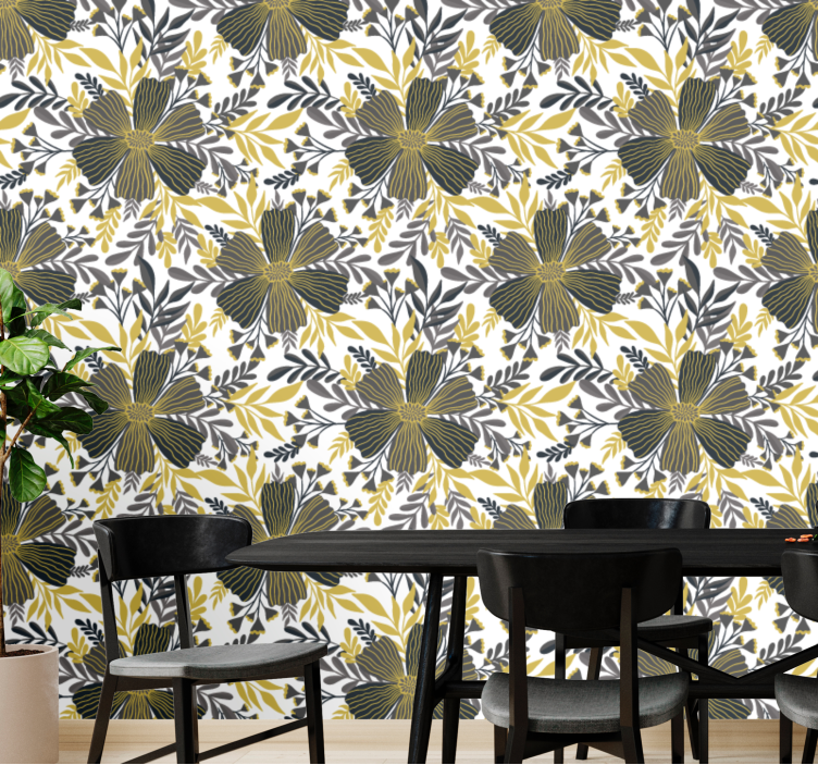 Grey and yellow lines flower pattern wallpaper - TenStickers