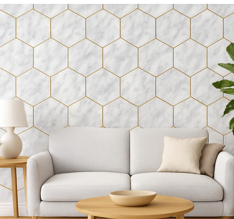 Hexagonal marble tile living room wallpaper - TenStickers