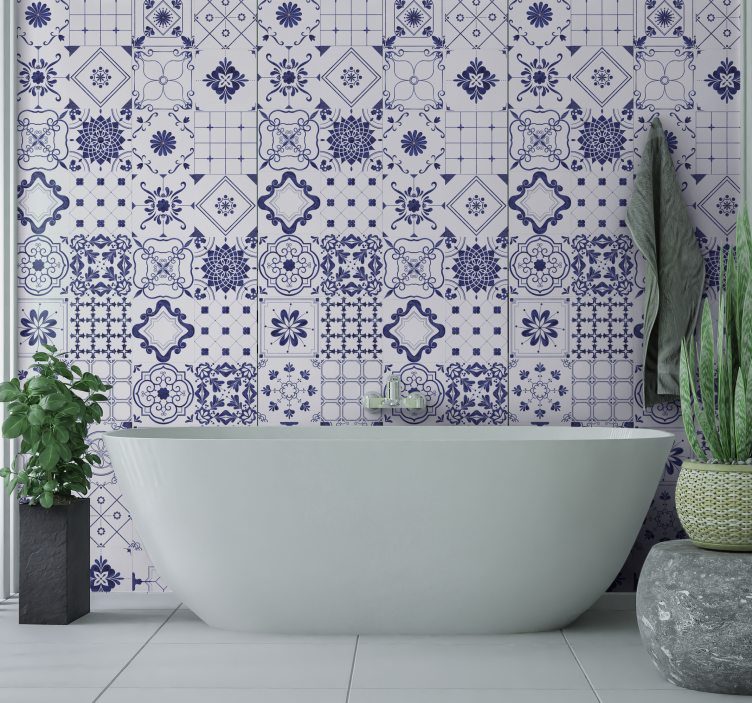 Intricate blue and white motif tile wallpaper - TenStickers