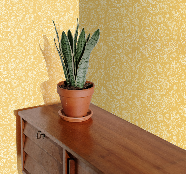 Intricate yellow paisley motif entryway wallpaper - TenStickers
