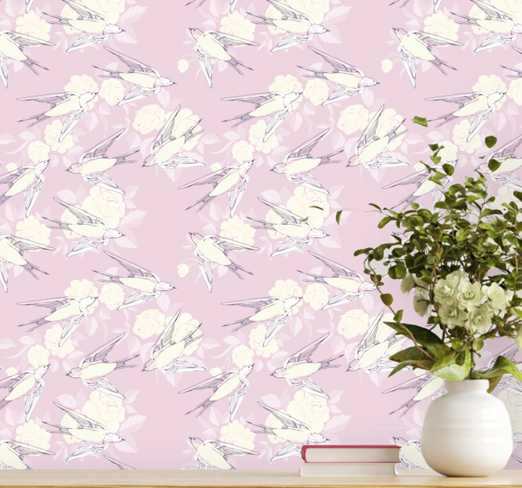 Little pink birds vintage style wallpaper - TenStickers