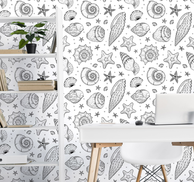 Marine life and seashells BLACK WHITE wallpaper - TenStickers