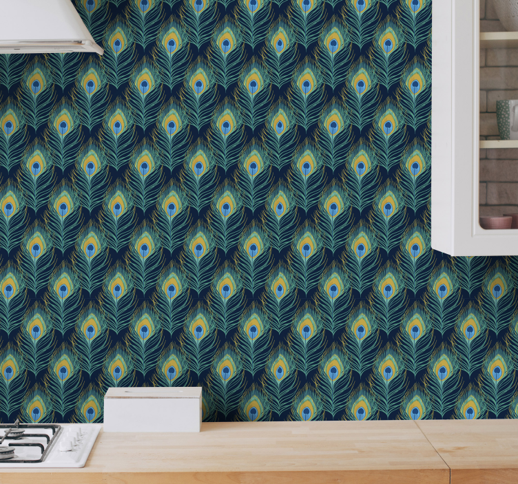 Peacock ornament pattern kitchen wallpaper - TenStickers