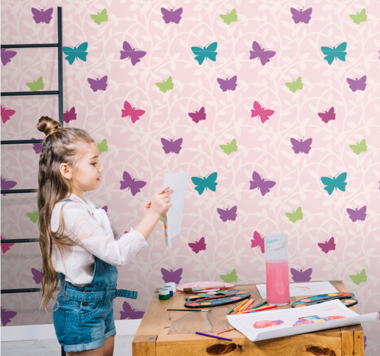 Pink and colorful butterfly Childrens Wallpaper - TenStickers