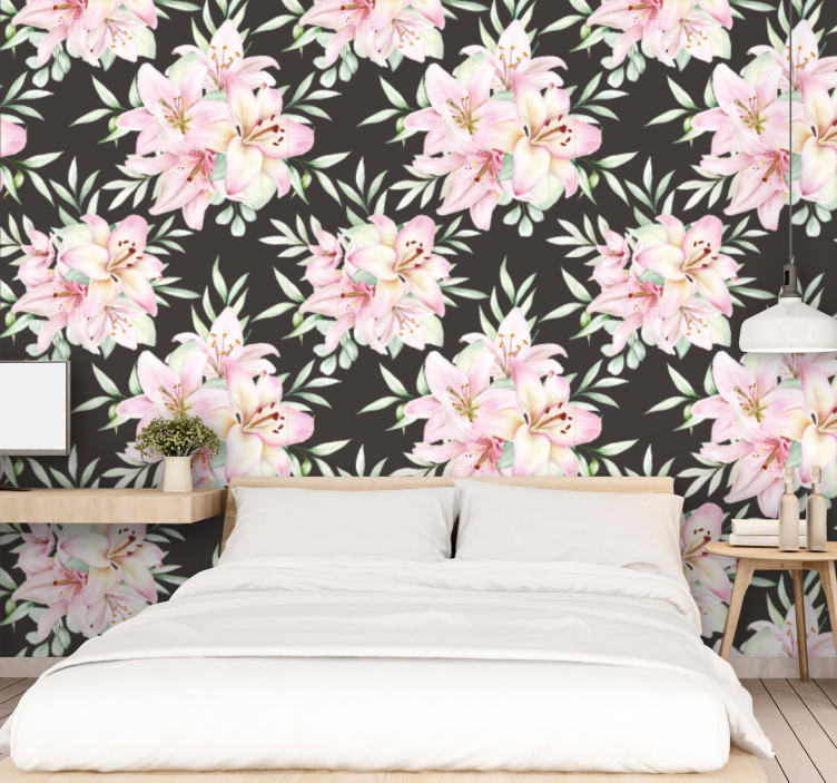 Watercolor lilies floral pattern wallpaper - TenStickers