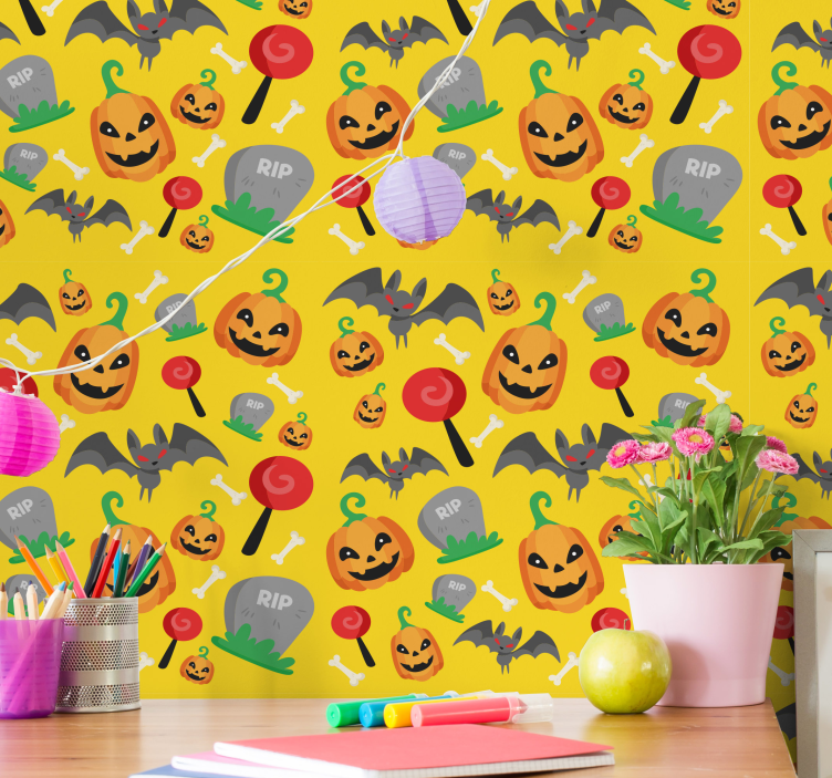 Yellow background with bats and candy Wallpaper - TenStickers